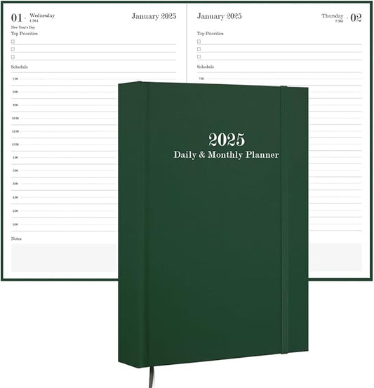 2025 Daily & Monthly Planner - 2025 Daily Planner One Page Per Day from January 2025 to December 2025, Hourly Appointment Book Perfect Organizer Daily Life, Fabric Cover, 5.8'' x 8.3'', Green