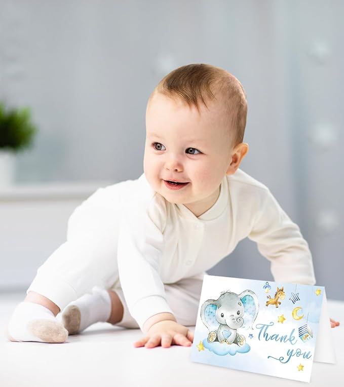 Whaline 24 Packs Elephant Thank You Cards Blue Baby Elephant Greeting Cards Cute Cartoon Blank Note Cards with Envelopes and Stickers for Baby Shower Birthday Holiday Party Supplies, 4 x 6 Inch