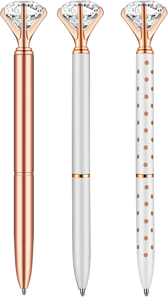 PASISIBICK 3 PCS Crystal Diamond Ballpoint Pen Bling Metal Pen Office Supplies, Rose Gold/Silver/White With Rose Polka Dots/Rose Gold With White Polka Dots, Includes 3 Pen Refills