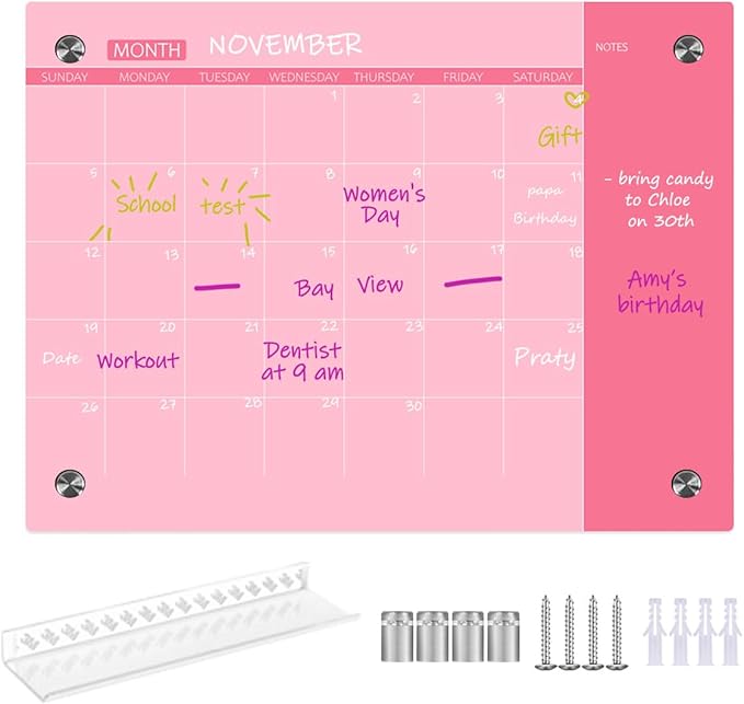 Glass Dry Erase Whiteboard, Pink Glass Monthly Calendar Whiteboard, 18" x 24",Frameless Glass White Board for Home, School, Office, Pink Surface(GlassA-PK-4560)