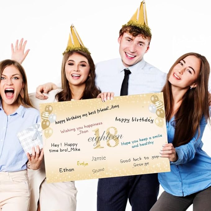 Large 18th Birthday Card With Envelope for Boys Girls, 2007 Black Gold Happy 18th Birthday Giant Guest Signature Book Gifts, Big Vintage 2007 18th Greeting Card Decoration Party Supplies