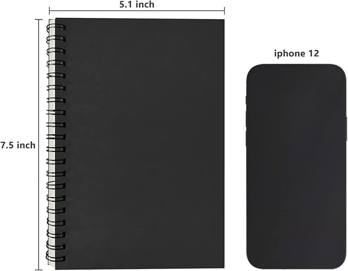 Blank Spiral Notebook, 3-Pack, Soft Cover, Sketch book, 100 Pages / 50 Sheets, 7.5 inch x 5.1 inch, 100GSM, (Black)