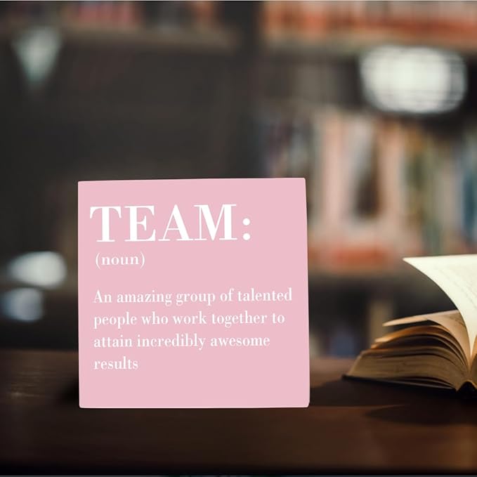 Inspirational Team Noun Office Decor Desk Decor Wooden Box Sign Rustic Pink Wood Block Plaque Box Sign for Home Office Desk Shelf Table Decoration Coworker Gift Team Definition Teamwork Sign