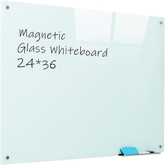 Magnetic Glass Whiteboard, 24"x36"Frameless Dry Erase Board White Board Surface Wall Mounted for Office, Classroom & Home