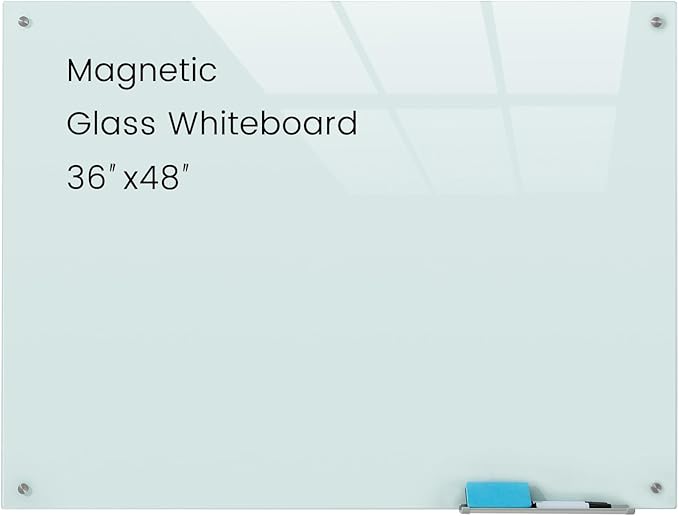 Glass Magnetic White Board - 48 x36 Inches Dry Erase Glass Whiteboard for Wall, Wall Mounted Glass Board for Office and Schools