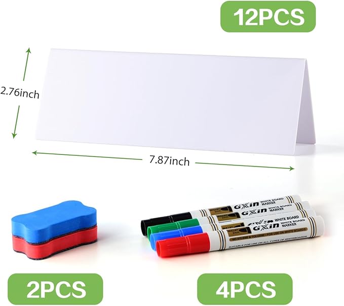 12 Pcs Dry Erase Name Tent Cards for Table, Reusable Name Cards 8.75" x 3" Desk Name Tents Sets with Dry Erase Markers and Erasers, Facilitate Effective Organization of Meetings and Classes