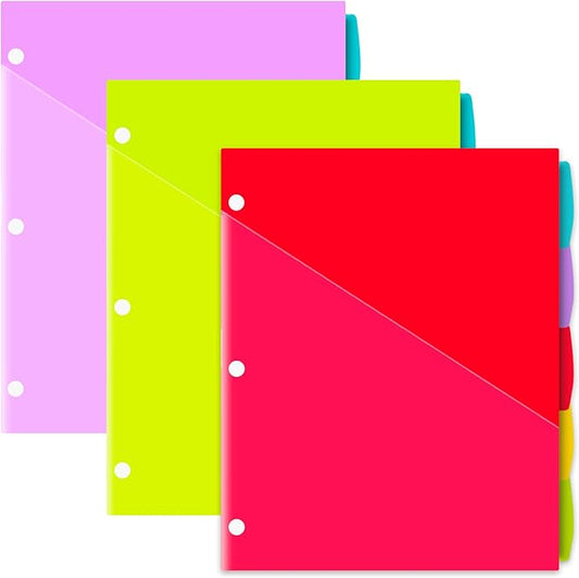 INFUN Plastic 5-Tab Binder Dividers with 2 Pockets - 3 Sets,15PCS Multicolor 2 Pocket Dividers with 3 Holes for 3 Ring Binders ,Total 15 Tabs