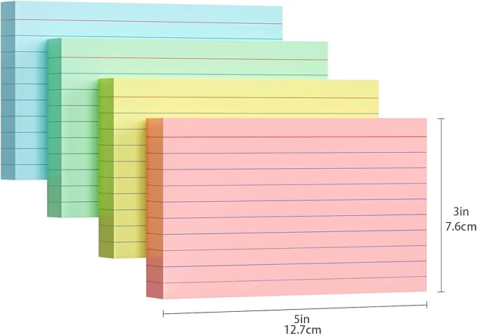 Colored Index Cards 3x5, 200 Pack, Ruled Index Cards, Flash Cards for Studying, Heavy Note Cards for Office, Home and School,Four Colors, Each Color Individually Wrapped, 50 Pack Per Package