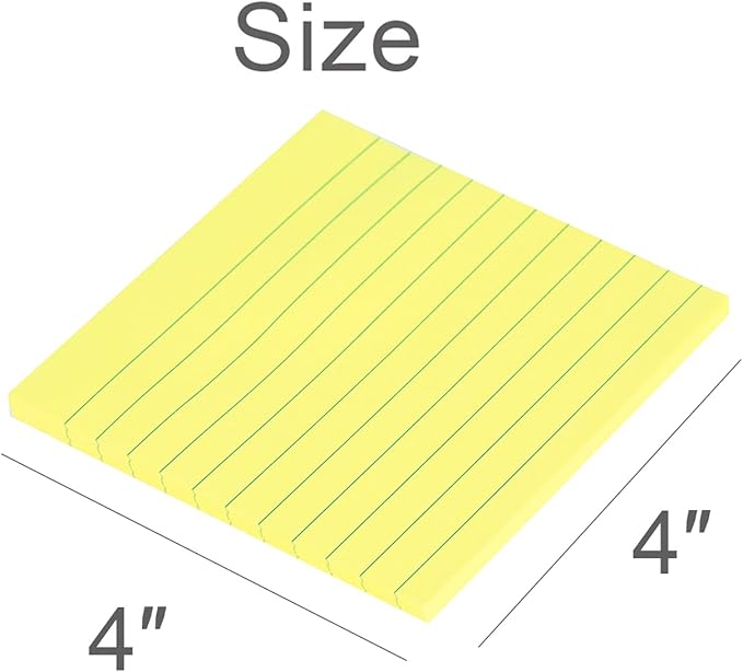 Vanpad Lined Sticky Notes 4x4 Inches, Lemon Yellow Ruled Self-Stick Pads, Easy to Post for Home, Office, Notebook, 8 Pads/Pack