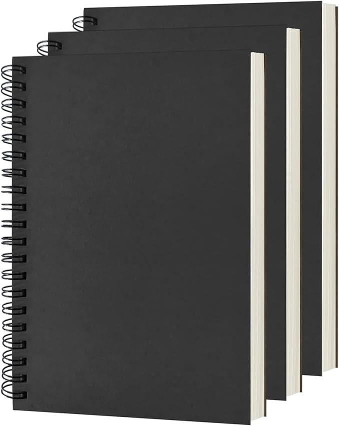 Blank Spiral Notebook, 3-Pack, Soft Cover, Sketch book, 100 Pages / 50 Sheets, 7.5 inch x 5.1 inch, 100GSM, (Black)