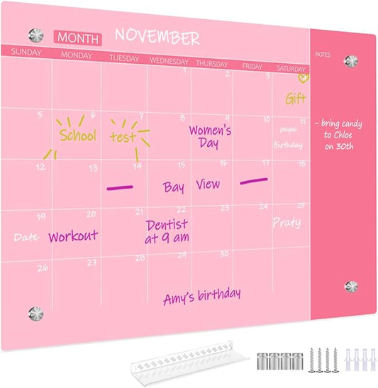 Glass Dry Erase Whiteboard, Monthly Calendar Whiteboard, Frameless Glass White Board for Home, School, Office, Pink Surface, 12" x 16"(GlassA-PK-3040)
