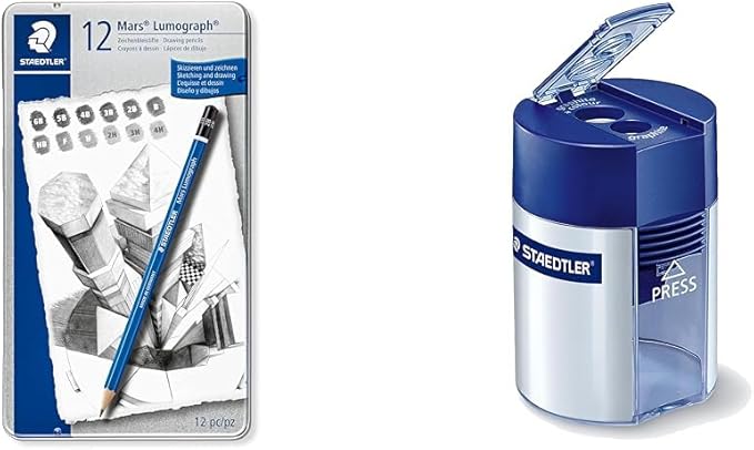 STAEDTLER Mars Lumograph Art Drawing Pencils (Graphite, 12 Pack in Metal Case) with Double Hole Pencil Sharpener