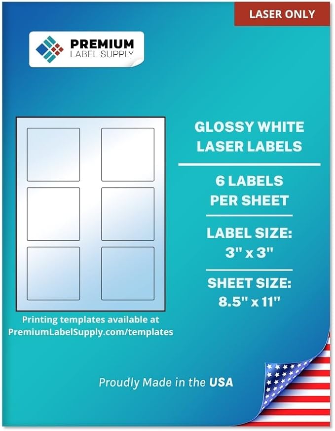 Premium Label Supply Glossy White Square Sticker Labels – 3" x 3" – (6 per Sheet) (Glossy White for Laser Only, 150 Labels)