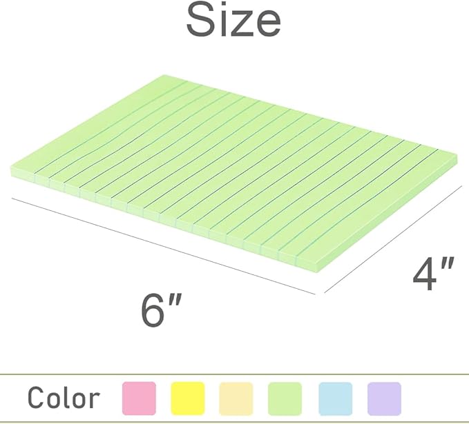 Vanpad Lined Sticky Notes 4X6 in Pastel Ruled Post Stickies Colorful Super Sticking Memo Pads Its, 45 Sheets/pad, 18 Pads/Pack