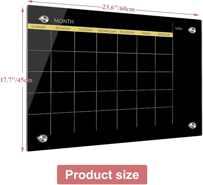 Glass Dry Erase Whiteboard,Monthly Calendar Whiteboard,18" x 24",Frameless Glass White Board for Home,School,Office,Blace Surface(GlassA-BK-4560)