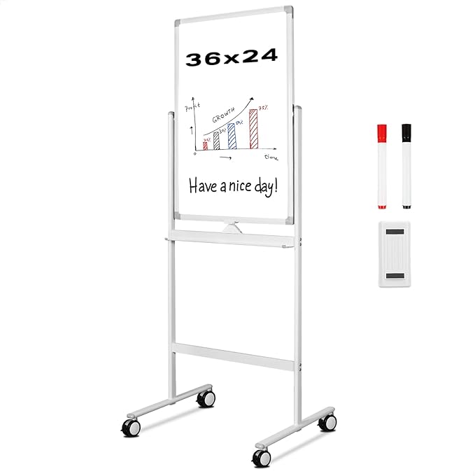 Dry Erase Whiteboard Easel on Wheels - 24 x 36 inch Double Sided Mobile Whiteboard, Reversible Magnetic Double Sided Rolling whiteboard Mobile White Board for Home Office Classroom, (24“x 36”)