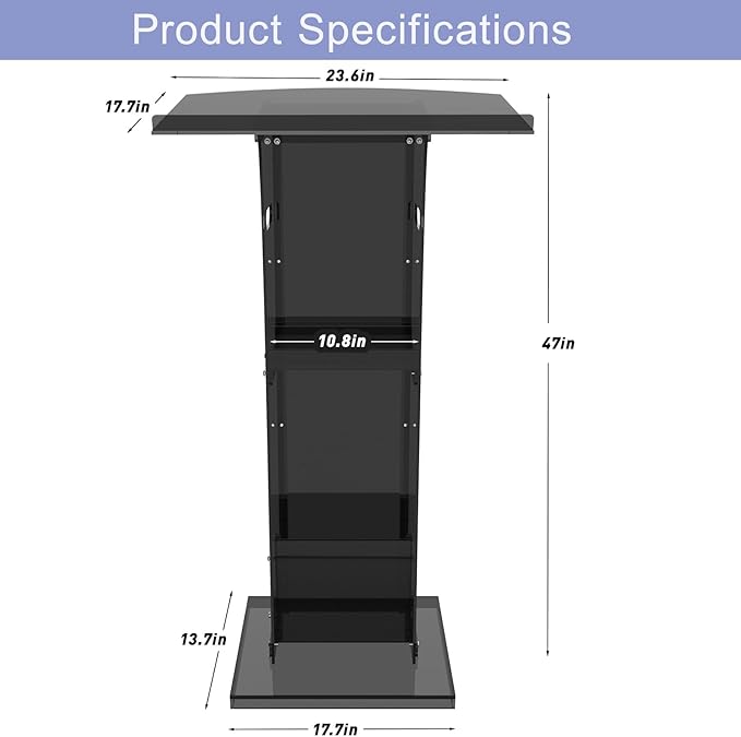 Acrylic Podium Stand with Storage Shelf,Segmented Black Lecterns & Podiums,Pulpits for Churches、Conference、Speeches、Weddings、Classroom、Concert,47" H Professional Presentation Podiums