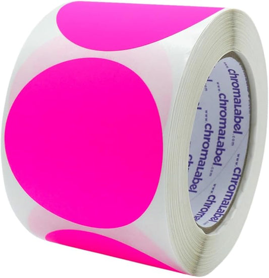 ChromaLabel 3 Inch Circle Sticker Labels, High Visibility Round Colored Stickers, Permanent Stickers - 500 Sticky Dots per Roll, Fluorescent Pink Label Stickers