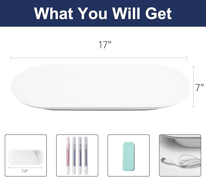 TSJ OFFICE Glass Desktop Whiteboard - 17 X 7 Inches Small Dry Erase Board with Pink Light, Glass White Board Surface Notepad with 1 Drawer, Desk Organizers for Office, Home, School Supplies