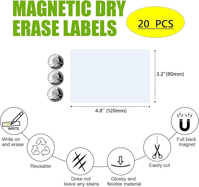 Dry Erase Big Magnetic Labels (4.8x3.2",Pack of 20),Large Write On Magnets Name Plates Sticker,Waterproof/Reusable for Refrigerator&Lockers&Whiteboard&Cabinet(Blue)