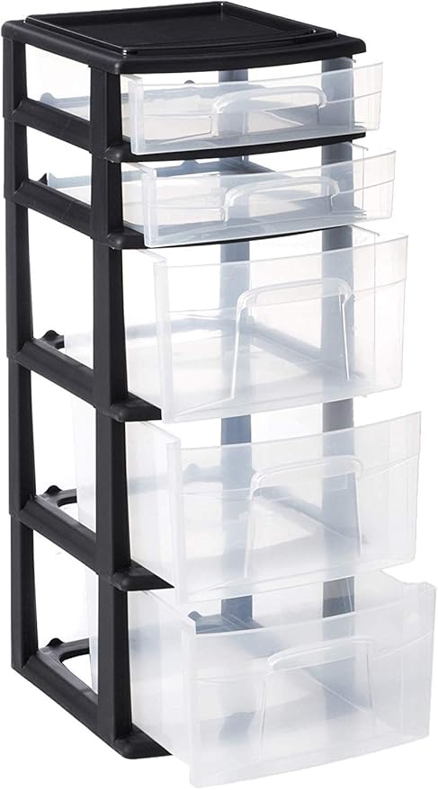 HOMZ 2-Pack 5-Drawer Storage Unit, Home & Office Plastic Organizer, Black Frame