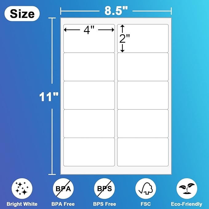 10up Shipping Address Labels 2 X 4 Label, Matte Stickers Paper Compatible with Laser & Ink Jet Printers, 500 Sheets-5000 Labels (5163/8163 /18163)