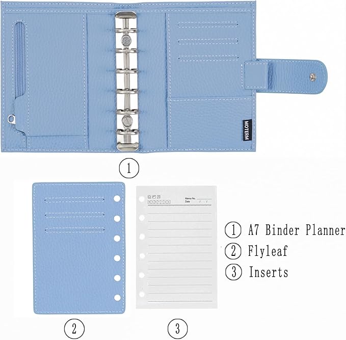 Moterm Pocket Regular Rings Planner - Genuine Leather Binder Organizer (Firm Pebbled-Sky Blue, 19mm Ring)