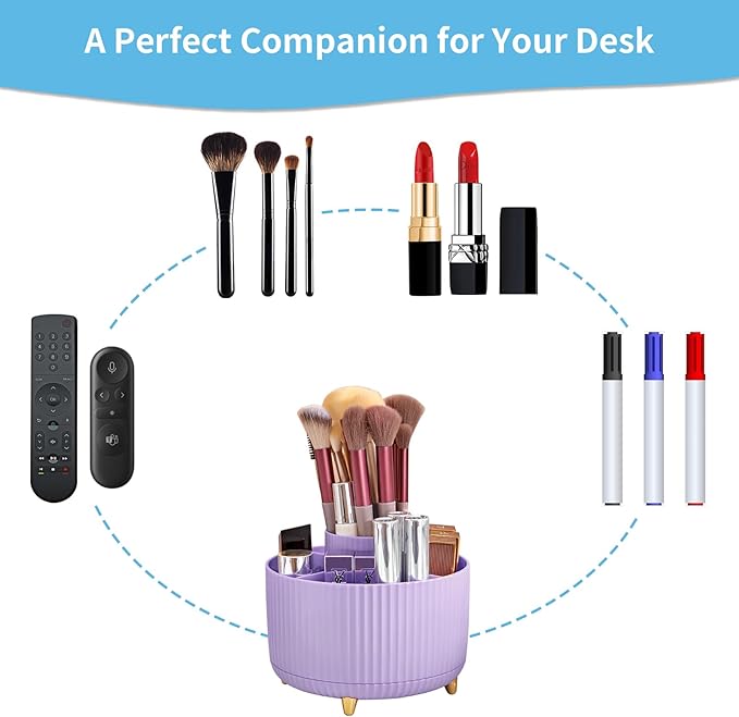 Marbrasse Desk Organizer, 360-Degree Rotating Pen Holder for Desk, Desk Organizers and Accessories with 5 Compartments Pencil Organizer, Art Supply Storage Box Caddy for Office, Home(Purple)