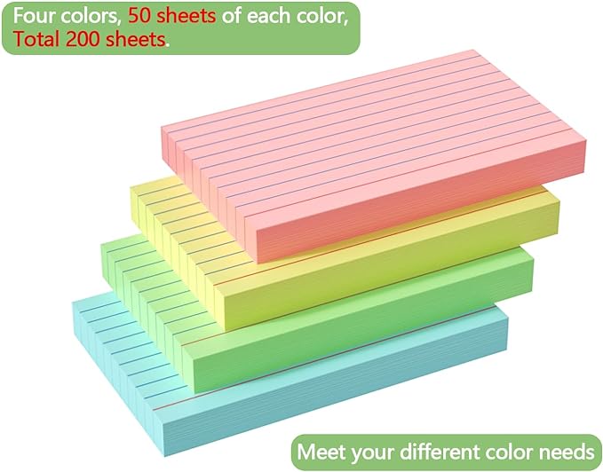 Colored Index Cards 3x5, 200 Pack, Ruled Index Cards, Flash Cards for Studying, Heavy Note Cards for Office, Home and School,Four Colors, Each Color Individually Wrapped, 50 Pack Per Package