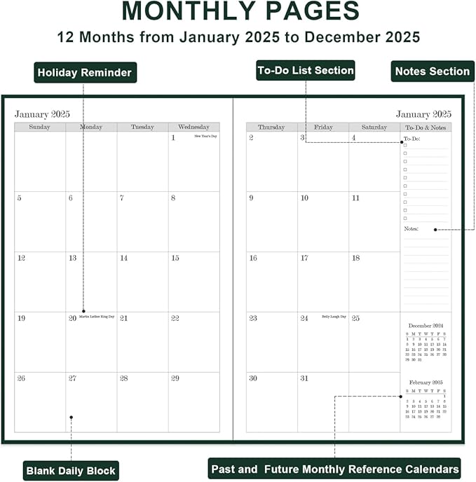 2025 Daily & Monthly Planner - 2025 Daily Planner One Page Per Day from January 2025 to December 2025, Hourly Appointment Book Perfect Organizer Daily Life, Fabric Cover, 5.8'' x 8.3'', Green