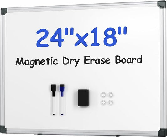 VUSIGN Magnetic White Board Kit for Wall 24" x 18", 1 Dry Eraser & 2 Multicolor Markers & 4 Magnetic Pins, Sliver Reinforced Aluminum Frame for Home, School, Office