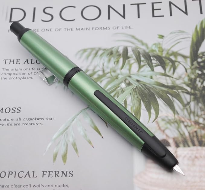 JINHAO 10 Press Fountain Pen, Retractable Metal Pen with Ink Converter (EF Nib 0.38mm, Light Pine Green - Black Clip)