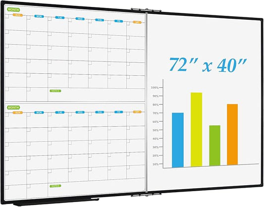 JILoffice Magnetic Foldable Dry Erase Calendar Whiteboard Combo, 2 Month Calendar Board & White Board 72 X 40 Inch, Black Aluminum Frame Wall Mounted Board for Office Home and School