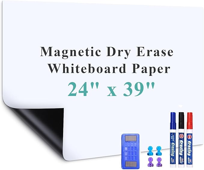 Magnetic Dry Erase Whiteboard Paper, 24" x 39" Self Adhesive Whiteboard for Wall, Easy to Write and Clean Dry Erase Board for Kids, Office, Home, with Marker, Magnetic Eraser and Magnets