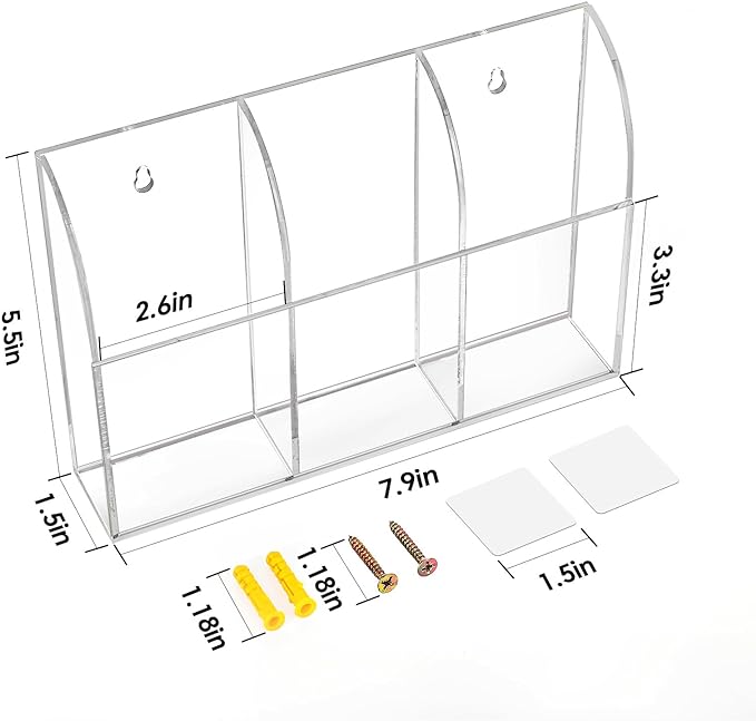 MaxGear Wall Marker Holder 3 Compartments, 2 Pack Desk Acrylic Organizer for Remotes, Pens, Makeup, Markers, Clear Remote Control Holder for Whiteboard Accessories-7.8'' x 1.6'' x 5.5''