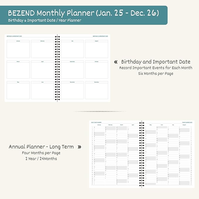 BEZEND 2 Year Monthly Planner 2025-2026 Medium Size 7" x 9" (Jan 2025 - Dec 2026) Spiral Calendar Book with Tabs, 120 GSM Thick Paper, Storage Pockets & Notes, PU Leather Softcover in Red