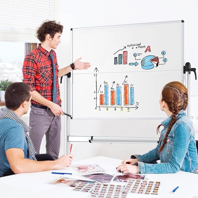 VIZ-PRO Double-Sided Mobile Whiteboard, 48 x 36 Inches, Magnetic Rolling Dry Erase White Board on Wheels with Aluminium Frame and Stand