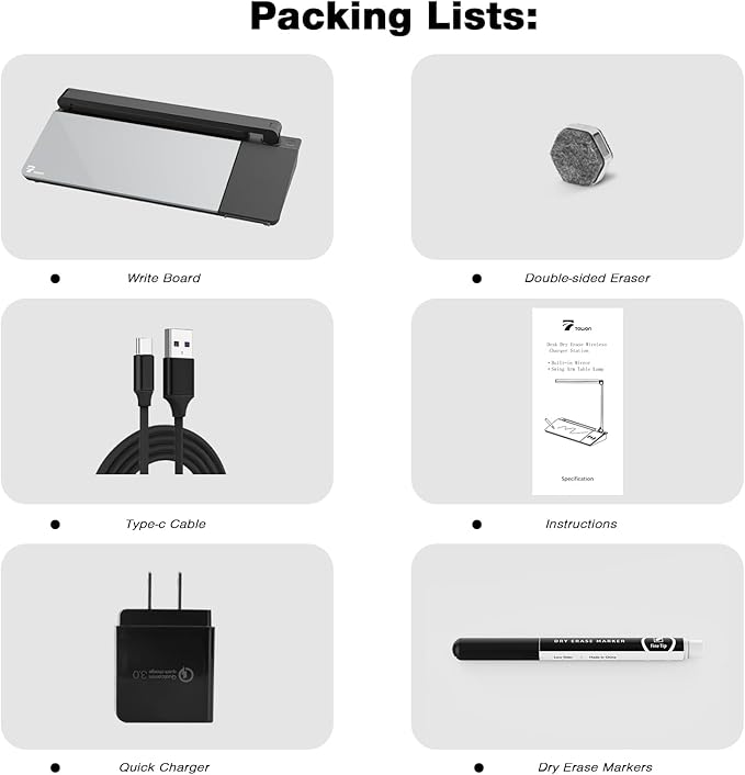 Small Desk whiteboard - Glass Dry Erase White Board- Desk Computer Buddy with Fast Charger Charging Station, Desk Board Buddy with Adjustable Foldable Desk Lamp, Dry Erase Notepad, Black, 17 x 6 in