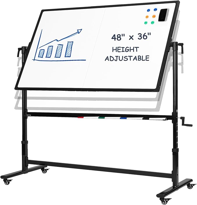 TANKEE Mobile White Board 48 X 36 Inches Height Adjustable Large Magnetic Whiteboard on Wheels, Double-Sided Rolling Dry Erase Board with Stand, Great for Office School Classroom Home