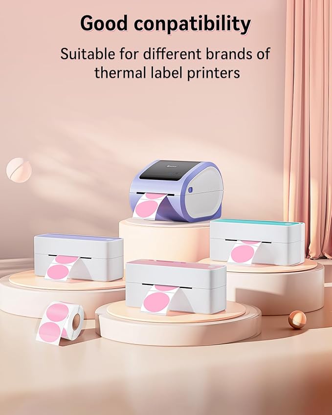 Phomemo 2” Color Circle Thermal Label, Self-Adhesive Round Sticker Label, Circular Thermal Printer Label for Logo Design, Name/Price Tag, Thanks Card, Address, QR Code, 750 Labels/Roll, 4 Rolls, Pink