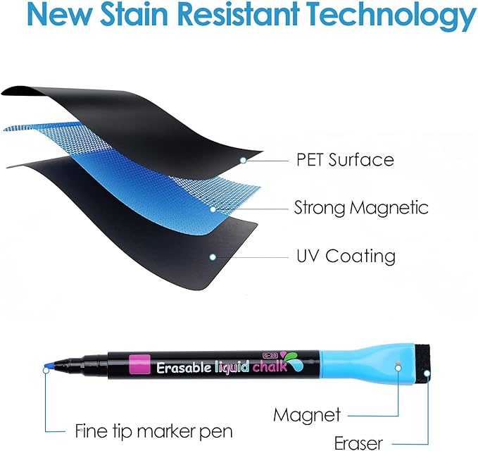 MaxGear Magnetic Black Dry Erase Board Sheet for Refrigerator, 16"x12" Fridge Magnetic Whiteboard for Kitchen, Fridge Shopping List for Family Planner and Grocery List, 4 Chalk Markers