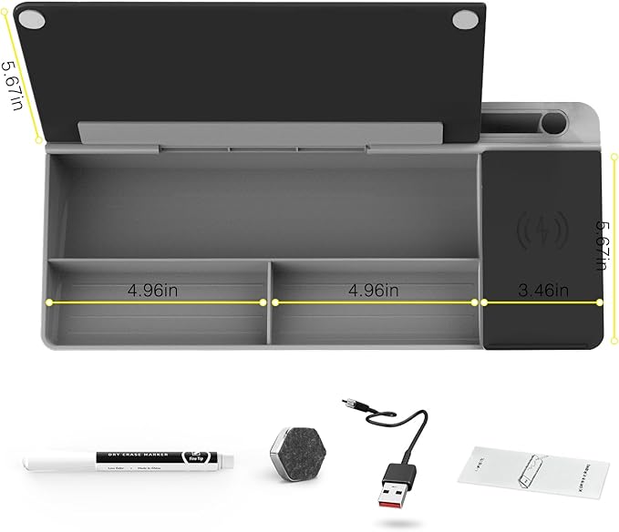 TOWON Black Desk Dry Erase Board with Charger Pad, Small Glass Desktop Whiteboard, Desktop whiteboard - Glass Dry Erase White Board- Desk Computer Buddy for Home Office Supply, 17 x 6 in