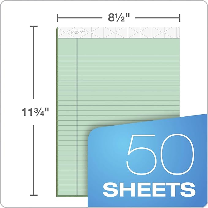 TOPS Prism Writing Pads, 8-1/2" x 11-3/4", Legal Rule, Green, Perforated, 50 Sheets, 12 Pack (63190)