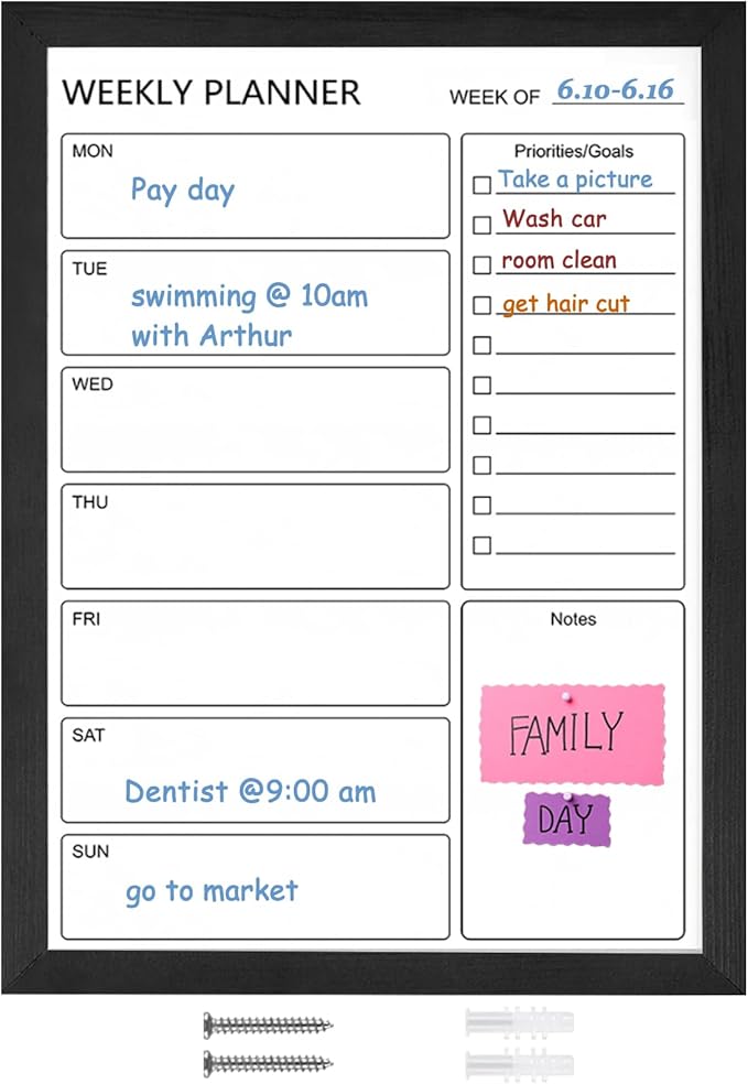 Dry Erase White Board Weekly Calendar Board, Magnetic Whiteboard for Wall,18“x24 Solid Wood Black Framed Message Board, Planner Board for Office, Home, School(Weekly-BB-BK-4560