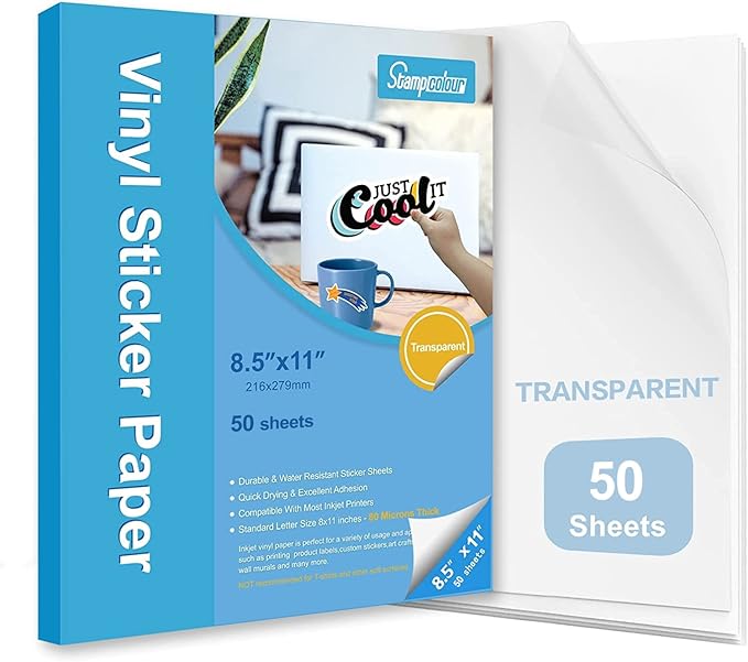 Premium Printable Vinyl Sticker Paper,Transparent 50 Clear Self-Adhesive Sheets,No-Waterproof,Dries Quickly Vivid Colors Decal Paper,Tear Resistant for Any Epson HP Canon Sawgrass Inkjet Printer
