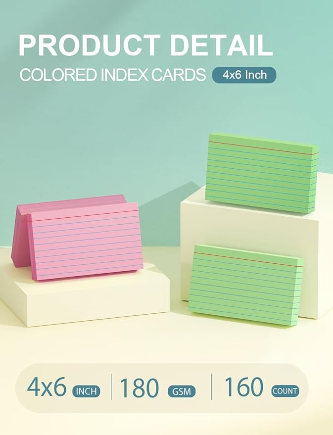 Pink Index Cards 4x6 Inch - 160 Pack, Ruled Index Flash Cards for Studying, Lined Large Pink Note Cards 4" x 6" Colorful, Heavy Colored Flashcards 4 x 6 Notecards for Office & Teaching Supplies