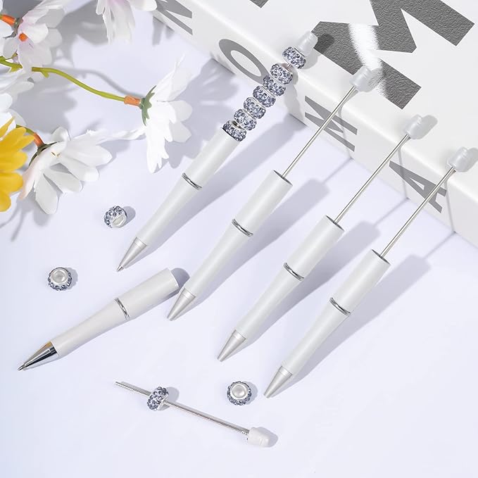 jiebor 30Pcs White Beadable Pens Plastic Bead Pen Black Ink Ballpoint Pens Diy Pens Cute Cool Pens for Teacher Bridal Graduation Gift Office Supplies