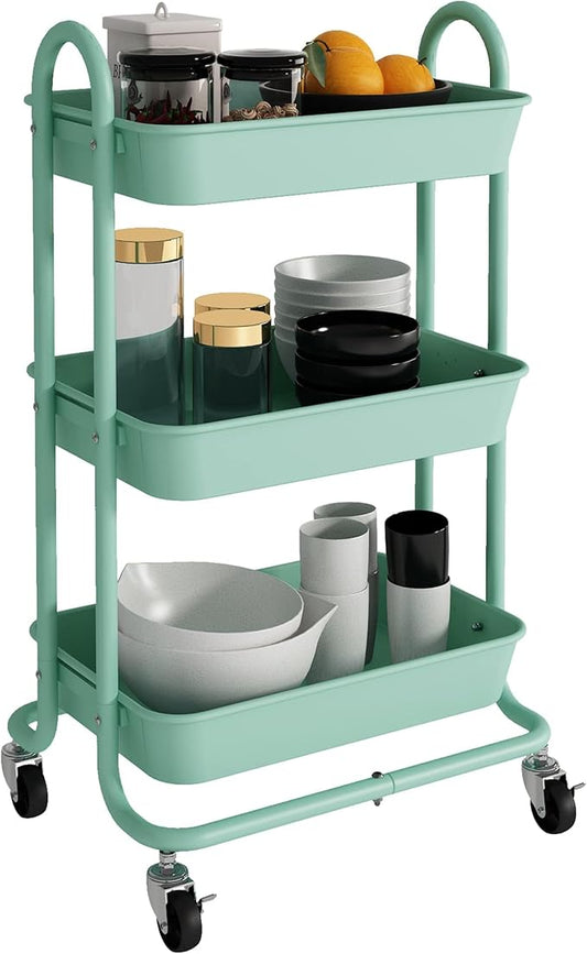 3-Tier Green Utility Rolling Cart,Kitchen Storage Carts with Wheels,Green Metal Rolling Cart for Office,Home,Kitchen,Garden(18"x11.4"x31.2")
