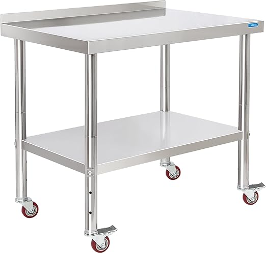 Stainless Steel Table for Prep & Work with 4 Caster Wheels with Backsplash 24 x 36 NSF Metal Commercial Kitchen Adjustable Under Shelf Worktable for Restaurant Home Outdoor