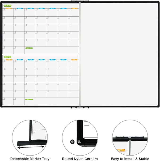 JILoffice Magnetic Foldable Dry Erase Calendar Whiteboard Combo, 2 Month Calendar Board & White Board 72 X 40 Inch, Black Aluminum Frame Wall Mounted Board for Office Home and School